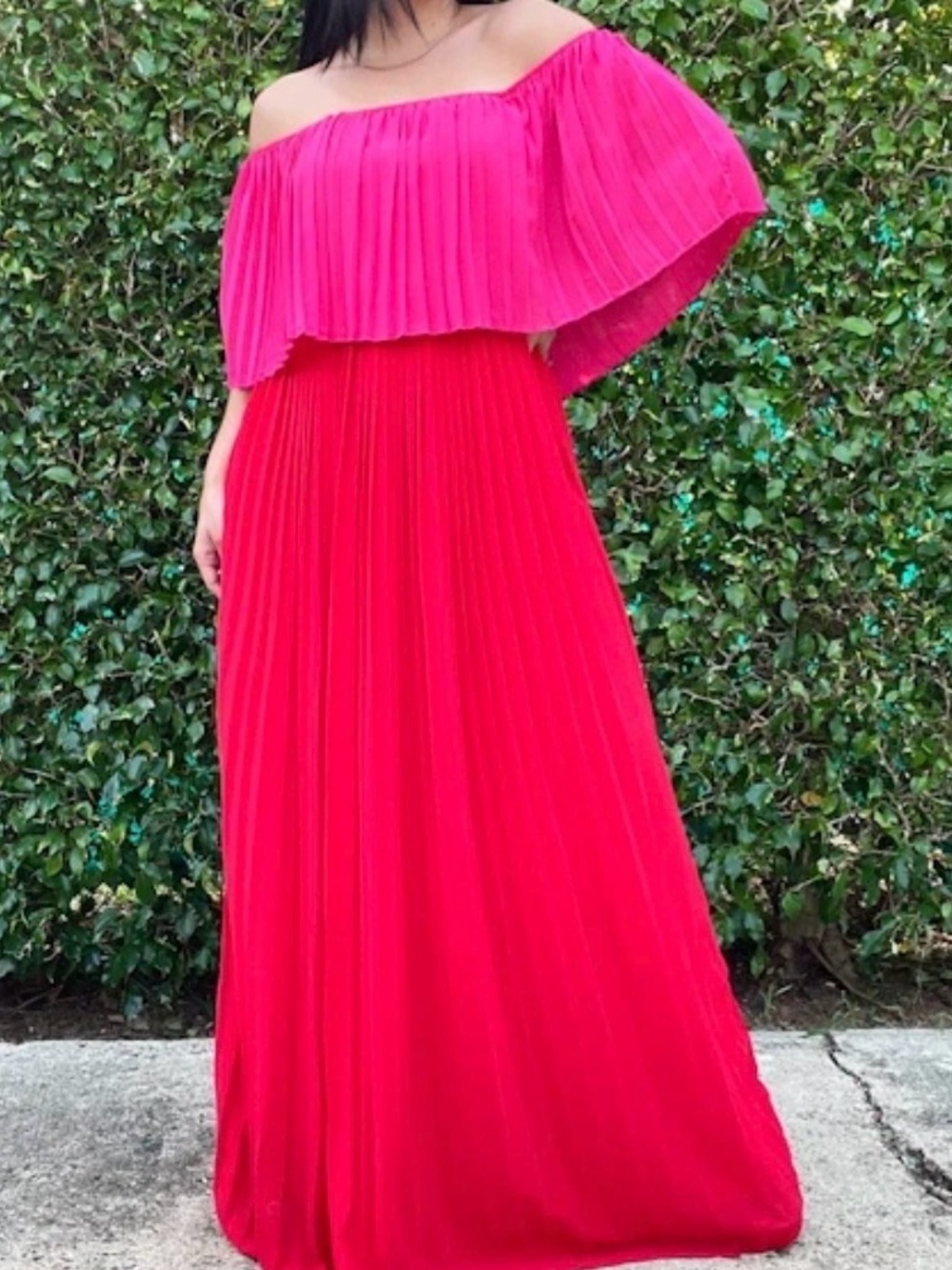 Off-Shoulder Pleated Maxi Dress - Hot Pink